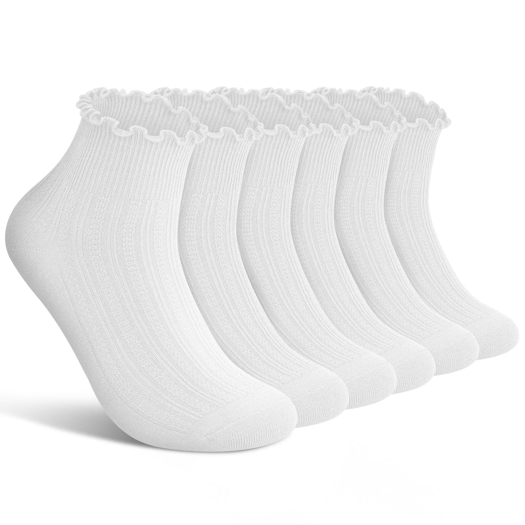 wernies White Ruffle Socks Womens 6 Pairs, Cute Ankle Frilly Crew Socks