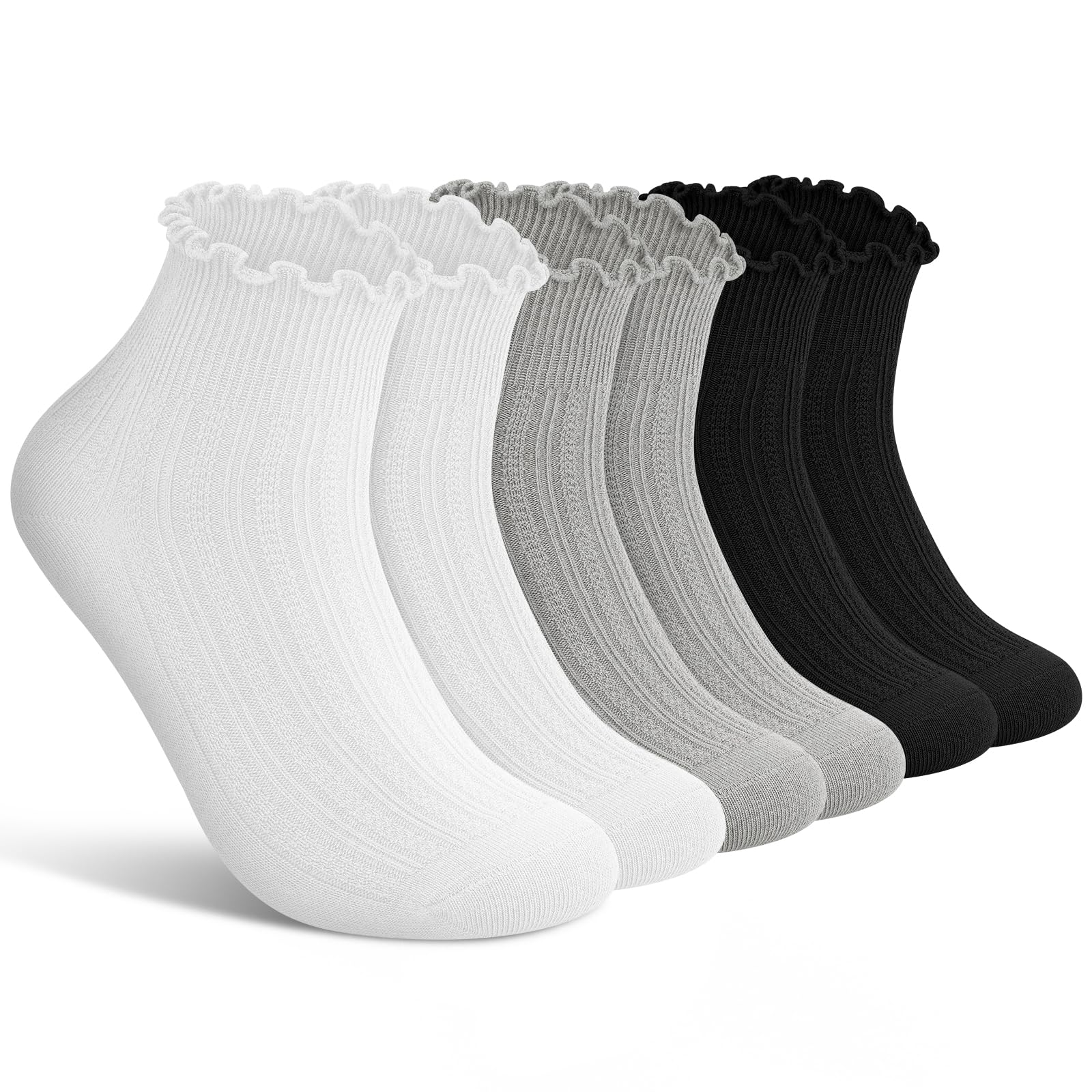 wernies White Ruffle Socks Womens 6 Pairs, Cute Ankle Frilly Crew Socks