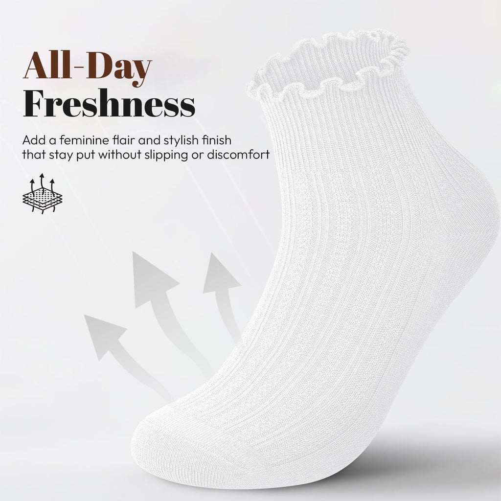 wernies White Ruffle Socks Womens 6 Pairs, Cute Ankle Frilly Crew Socks