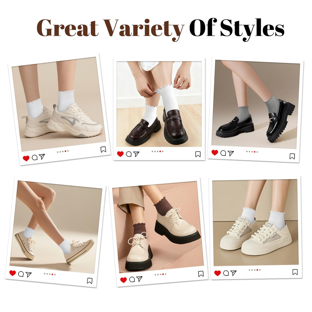 wernies White Ruffle Socks Womens 6 Pairs, Cute Ankle Frilly Crew Socks